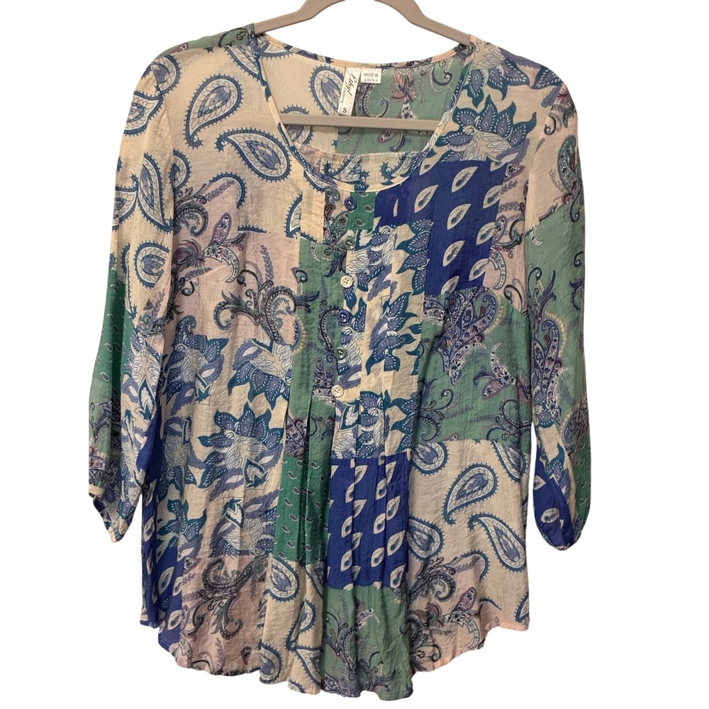 Adorable Cottagecore Womens Paisley Patchwork Button Front Top Blue Green Size S